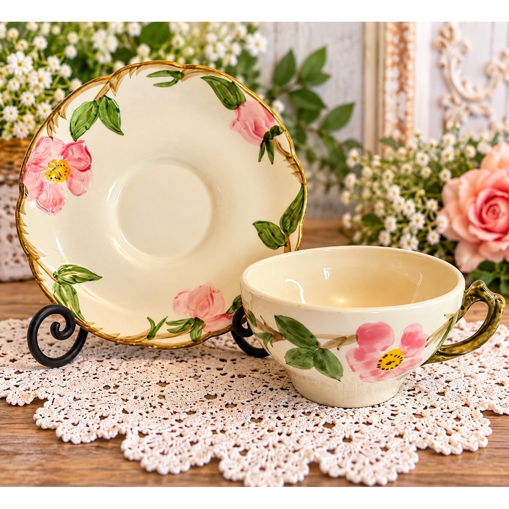 Franciscan Desert Rose Tea Cup and Saucer Set Vintage Earthenware USA Made